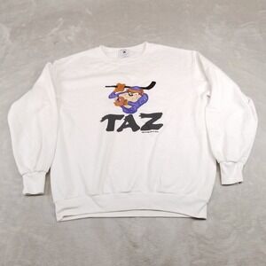 VTG Taz Sweatshirt Mens XL‎ White Pullover Hockey Embroidered 90s Made in USA